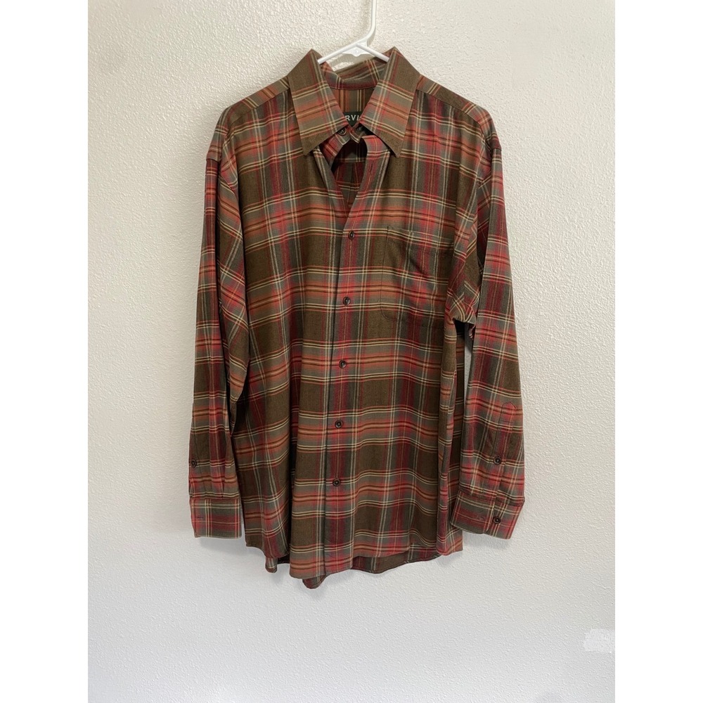 Orvis Button Down Shirt Mens Large Brown Red Excellent Plaid Wool Blend Portugal